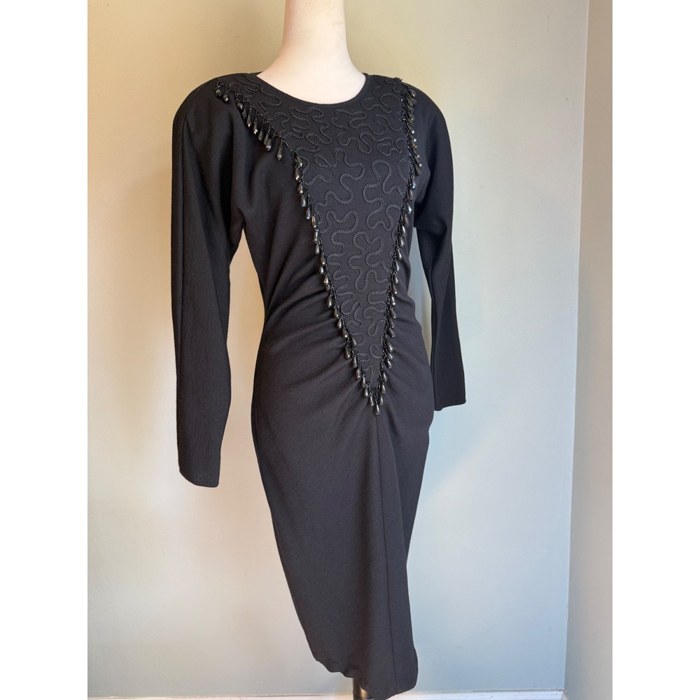 Andrea Jovine Vintage Black Wool Beaded Midi Dress boho whimsi goth dainty y2k s